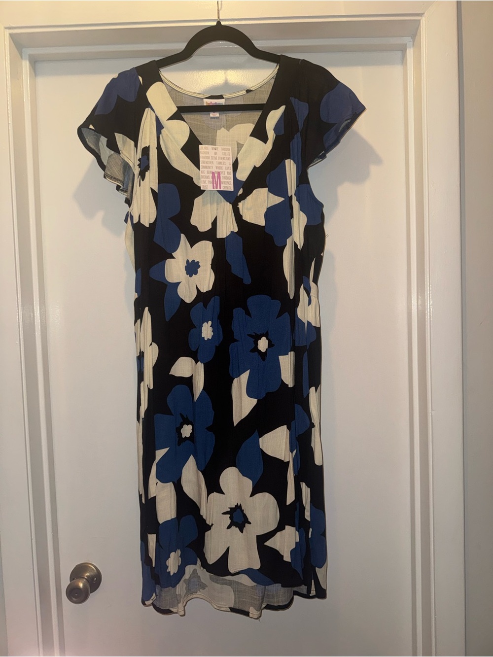 LuLaRoe Black, Blue and White Floral V-Neck Dress